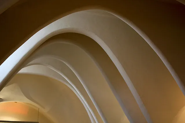 The white parabolic arches of the attic of Casa Batlló, a row of smooth catenary vaults like the ribcage of an animal